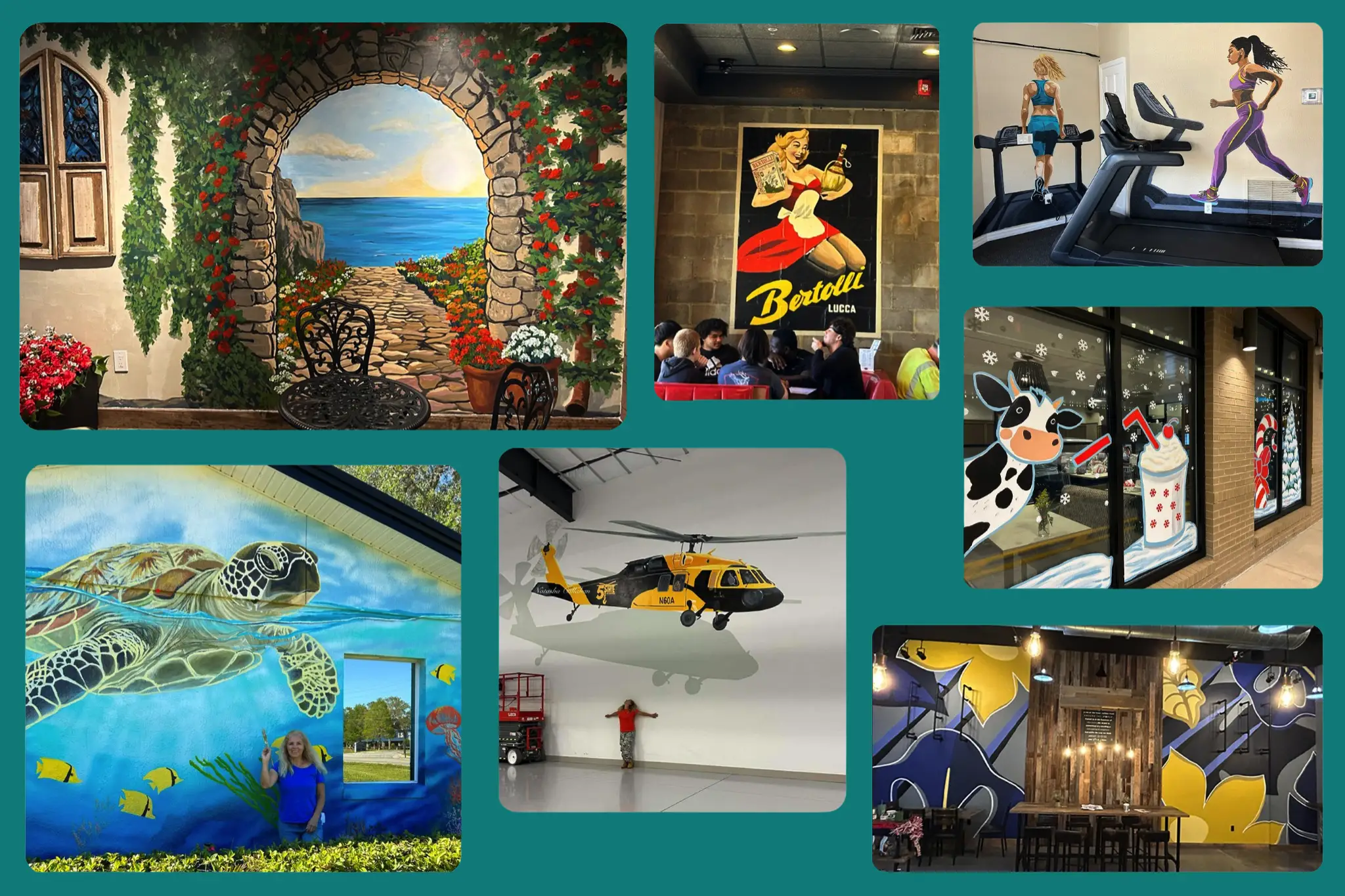 Colorful murals and wall art in various spaces