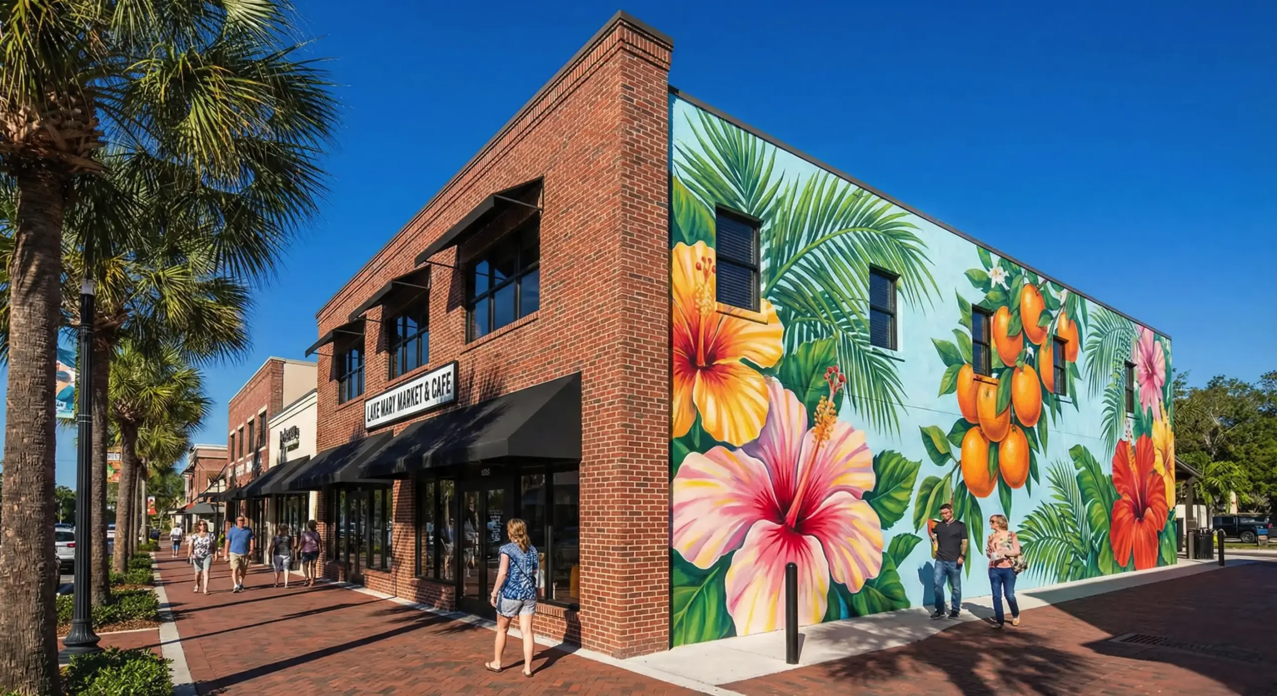 Brick building with tropical mural and people walking