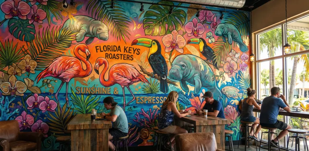Colorful Florida Keys coffee shop mural with wildlife