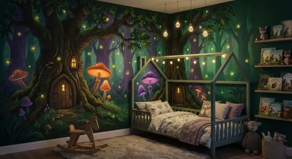 Whimsical forest-themed kids bedroom with glowing mushrooms