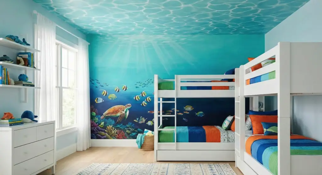 Underwater themed kids bedroom with bunk beds