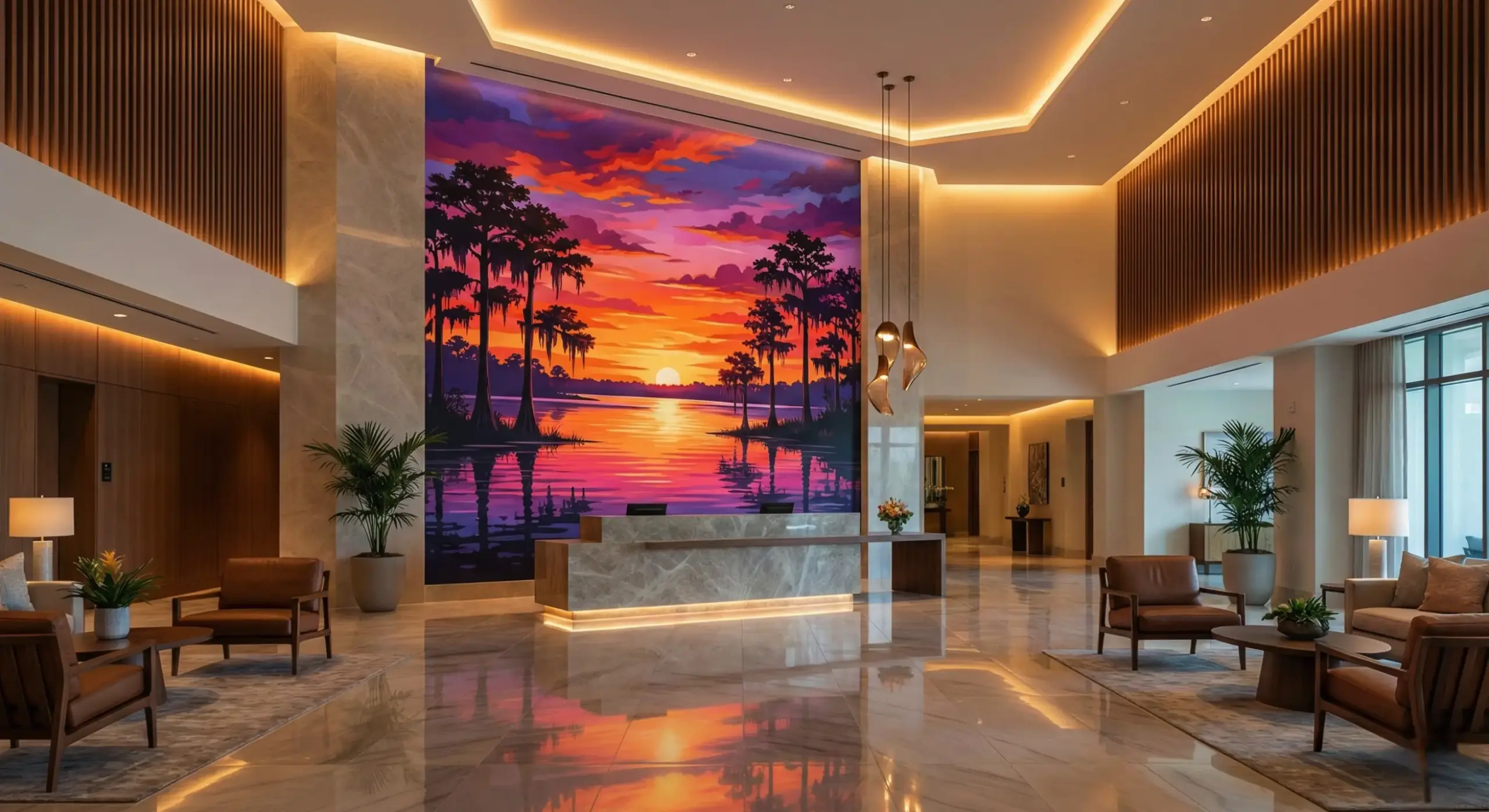Modern hotel lobby with sunset mural and seating area