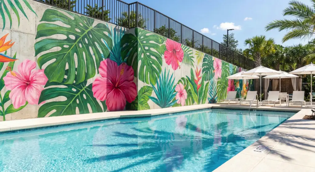Outdoor pool with tropical mural and lounge chairs