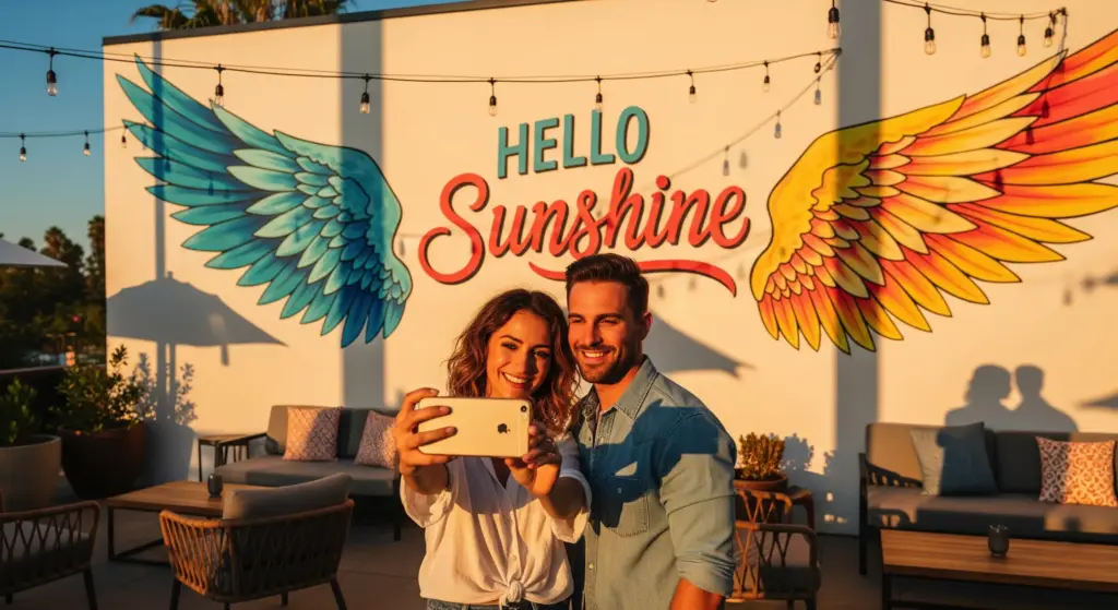 Couple taking selfie near colorful Hello Sunshine mural