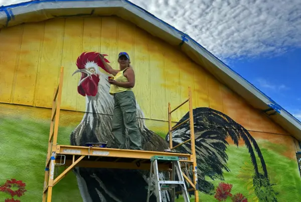 Artist painting colorful rooster mural on barn