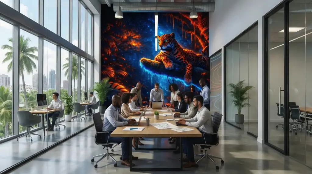 Team meeting in modern office with jungle mural