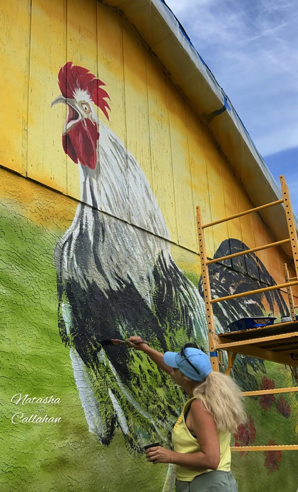 Artist painting colorful rooster mural on wall